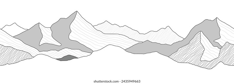 Black and white mountain line arts wallpaper, seamless border, imitation of mountain ranges, vector background, minimalism