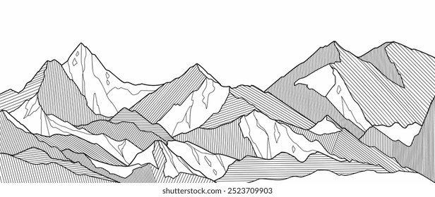 Black and white mountain line arts wallpaper, luxury landscape background design for cover, invitation background, packaging design, fabric, and print. Vector illustration.