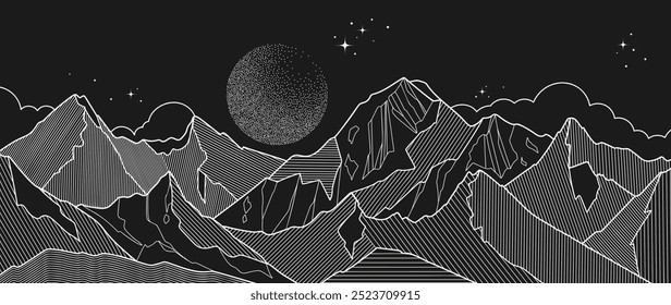 Preto e branco artes da linha da montanha e papel de parede de textura do ponto da lua, design de fundo paisagem de luxo para capa, fundo do convite, design de embalagem, tecido e impressão. Ilustração vetorial.