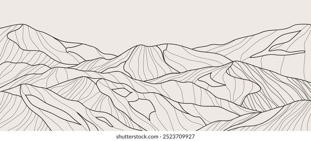 Black and white mountain line arts wallpaper, luxury landscape background design for cover, invitation background, packaging design, fabric, and print. Vector illustration.