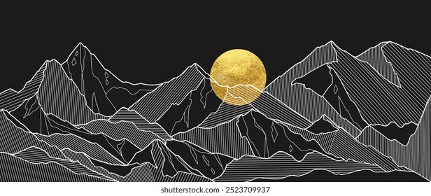 Black and white mountain line arts and gold moon wallpaper, luxury landscape background design for cover, invitation background, packaging design, fabric, and print. Vector illustration.