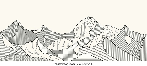 Black and white mountain line arts wallpaper, luxury landscape background design for cover, invitation background, packaging design, fabric, and print. Vector illustration.