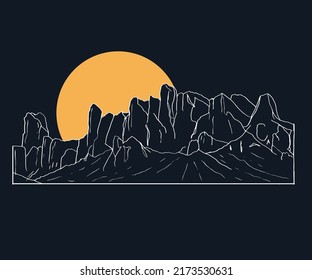 Black and white mountain line hand sketch design for t-shirt and others. Mountain with sun drawing graphic artwork for sticker, poster, background.