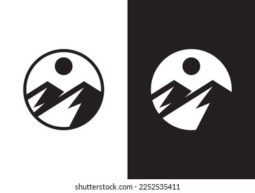 black white mountain logo design. abstract summit with circle combination template vector illustration.