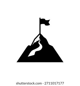 Pico de montaña en blanco y negro con icono de bandera que simboliza el éxito y el logro