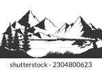 Black and white mountain with pine trees and lake. Mountain silhouette with pine trees and lake