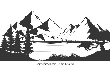 Schwarz-weißer Berg mit Kiefern und See. Bergsilhouette mit Kiefern und See