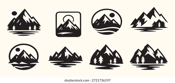 Black and White Mountain Range Icons Set Lake Sun Trees Graphic Design Elements mountains