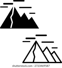 black and white mountain range icons with sun