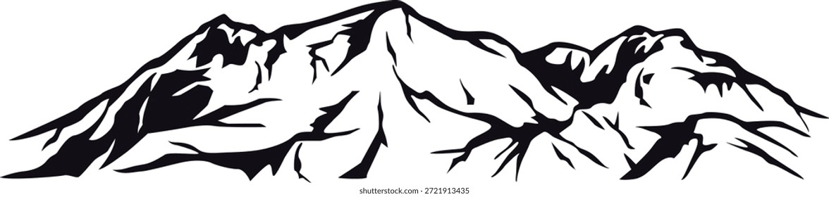 Black and White Mountain Range Silhouette. Die Berge sind zerklüftet und imposant, mit scharfen Gipfeln und tiefen Tälern.