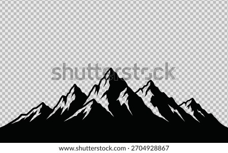 Black and white mountain range silhouette on transparent background for design