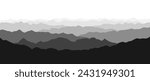 Black and white mountain range silhouettes. Haze panoramic landscape view. Mountain ridges and hills on horizon. Grey shades mount peaks with mist or fog. Vector scenery terrain background