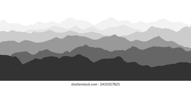 Siluetas negras y blancas de la cordillera. Vista panorámica de la neblina. Fondo de montañas y colinas. Picos de montaje de sombra gris con niebla y niebla. Ilustración del terreno del paisaje del vector