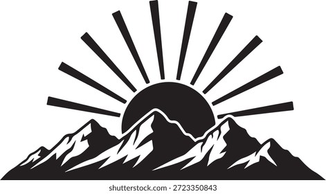Black and white mountain range with sun rising behind sunrise silhouette