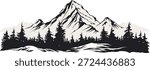 Black and white mountain range with trees wall art, symbolic landscapes stencil art outdoor scenes adventure vector illustration
