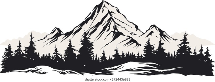 Cordillera en blanco y negro con árboles arte de la pared, paisajes simbólicos stencil art escenas al aire libre aventura Ilustración vectorial