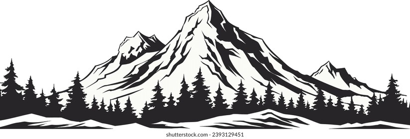 Black and white mountain range wall art, symbolic landscapes trees stencil art outdoor scenes vector illustration