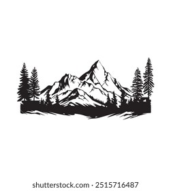 Black and white mountain range wall art, symbolic landscapes stencil art outdoor scenes vector illustration