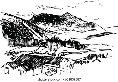 Landscape Mountains Background Black White Linear Stock Illustration ...