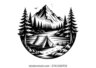 Black and white of mountain scene with tent by lake surrounded by tall pine trees