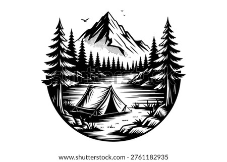 Black and white of mountain scene with tent by lake surrounded by tall pine trees