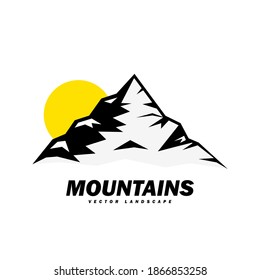 Schwarz-Weiß-Gebirge mit Sonne. Explorer-Adventure-Badge-Logo, Zeichen, Vektorgrafik-Vorlagendesign