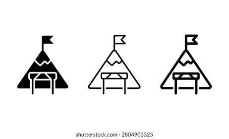 Black and white mountain tent icons with flags on top and camping tables inside simple line art style illustrations