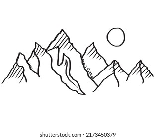 Black and white mountain vector print design . Hill illustration t-shirt design. Hand sketch mountain graphic print artwork for apparel, stickers, posters, background and others.