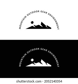 Black and white mountains logo for environment awareness organization, outdoor gear business. Mountainous logo using negative spaces and curved text.