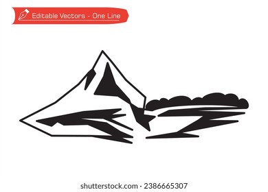 Black and white mountains premium Icon - Silhouette straight line art  of remote Matterhorn mountain in Switzerland. Vector illustration of Matterhorn mountain above an Alpine stream. Alps, Pennine.