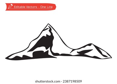 Black and white mountains premium icon. Silhouette of majestic Matterhorn mountain. Vector illustration of Matterhorn mountain above Alpine stream, located between Switzerland and Italy.
