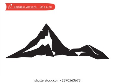 Black and white mountains premium icon. Straight line art of silhouette of majestic Matterhorn mountain. Vector illustration of Matterhorn mountain. Symbol camping.
