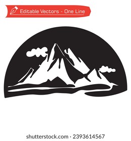 
Logo premium de montañas blancas y negras. Dibujo de una sola línea de paisaje montañoso, nubes y ríos en silueta de marco semicircular. 
Ilustración vectorial de la aventura del concepto deportivo de otoño.