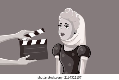 Black And White Movie Starring Glamorous Actress Vector Illustration. Retro Cinema Star Filming A Scene On Set 
