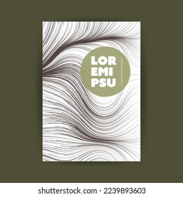 Black and White Moving, Flowing Stream of Particles in Curving, Wavy Lines - Digitally Generated Futuristic Abstract 3D Geometric Flyer Design Template with Green Round Label in Editable Vector Format