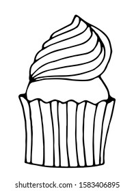 Black and white muffin vector illustration. Hand drawing outline dessert. Doodling style. 