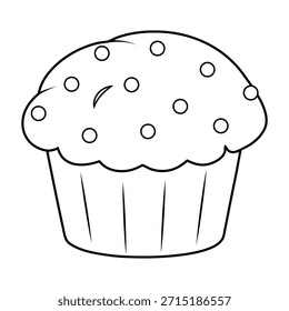 Ilustración vectorial de muffin blanco y negro aislado sobre fondo blanco. Simple contorno de cupcake con chips de chocolate. Icono de comida lineal adecuado para libros para colorear, logotipos de panadería, sellos, páginas de actividades infantiles y Diseño gráfico mínimo.