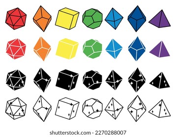 Black, white and multicolored dice for roleplaying