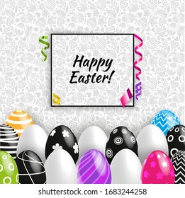 Black white multicolored Easter eggs on grey seamless pattern background. Vector set for holiday. Black White Easter card