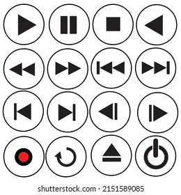 Schwarz-Weiß-Multimedia-Schaltflächensymbol gesetzt, abspielen, anhalten, anhalten, als Nächstes, vorherige und andere Zeichen in Kreisen, flaches Design von Schaltflächen und Symbolen, Vektorgrafik.