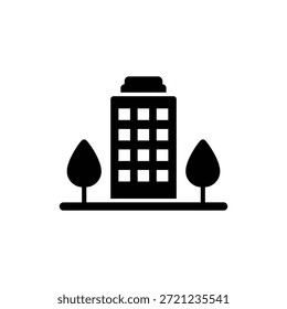 Black and white multistory building icon between two trees in minimalist design