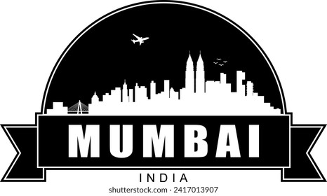 Black and white Mumbai India buildings skyline negative air space silhouette dome shaped emblem with scroll banner below and name text inside. Vector eps graphic design.