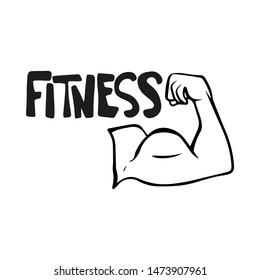 Black, white Muscular Strong Arm, Powerful Hand, Bicep. Gym, Bodybuilding, Sport Vector. Fitness, gym, health, power. Badge, icon, sticker, logo. Doodle Illustration with lettering isolated background