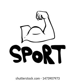 Black, white Muscular Strong Arm, Powerful Hand, Bicep. Gym, Bodybuilding, Sport Vector. Fitness, gym, health, power. Badge, icon, sticker, logo. Doodle Illustration lettering isolated on background