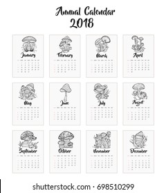 Black and White Mushroom Calendar 2018