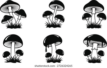 Ilustraciones de setas en blanco y negro en varias poses y tamaños