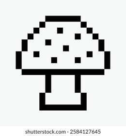 black and white mushroom pixel art icon vector illustration.