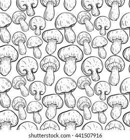 Black and white mushroom in seamless pattern with using hand drawing style
