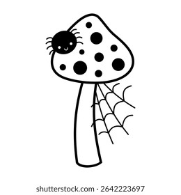 Black and white mushroom with spider and spiderweb. Autumn, Halloween, Spooky seasonal objects, hand drawn vector illustration