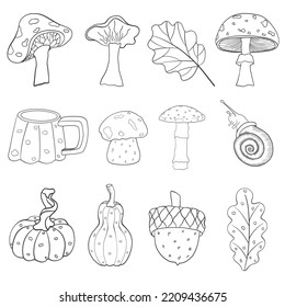 Black and white mushrooms cup leaf pumpkin elements in vector technique 